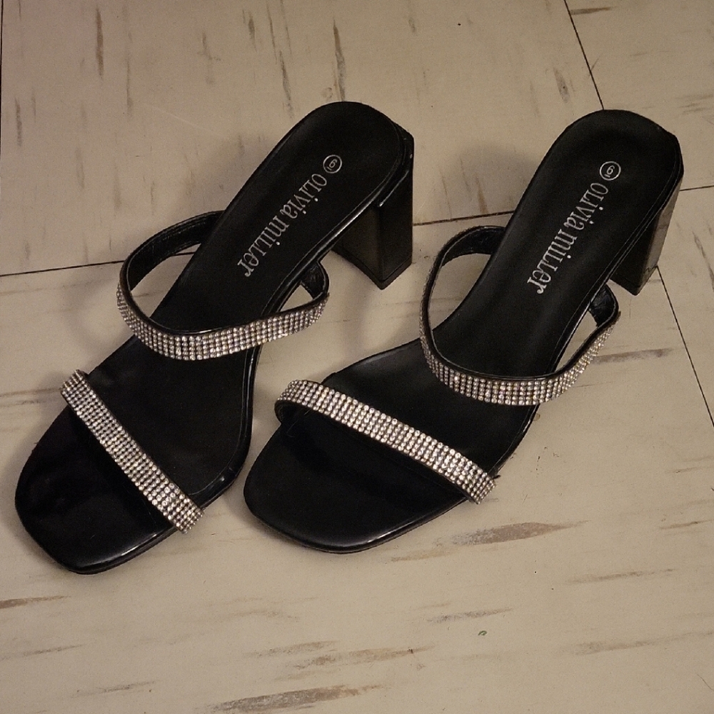 Olivia Miller Black Heels with Rhinestone Straps